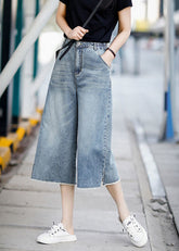Boutique Streetwear – Blaue Baumwoll-Denimhose mit weitem Bein und hohen Taillentaschen